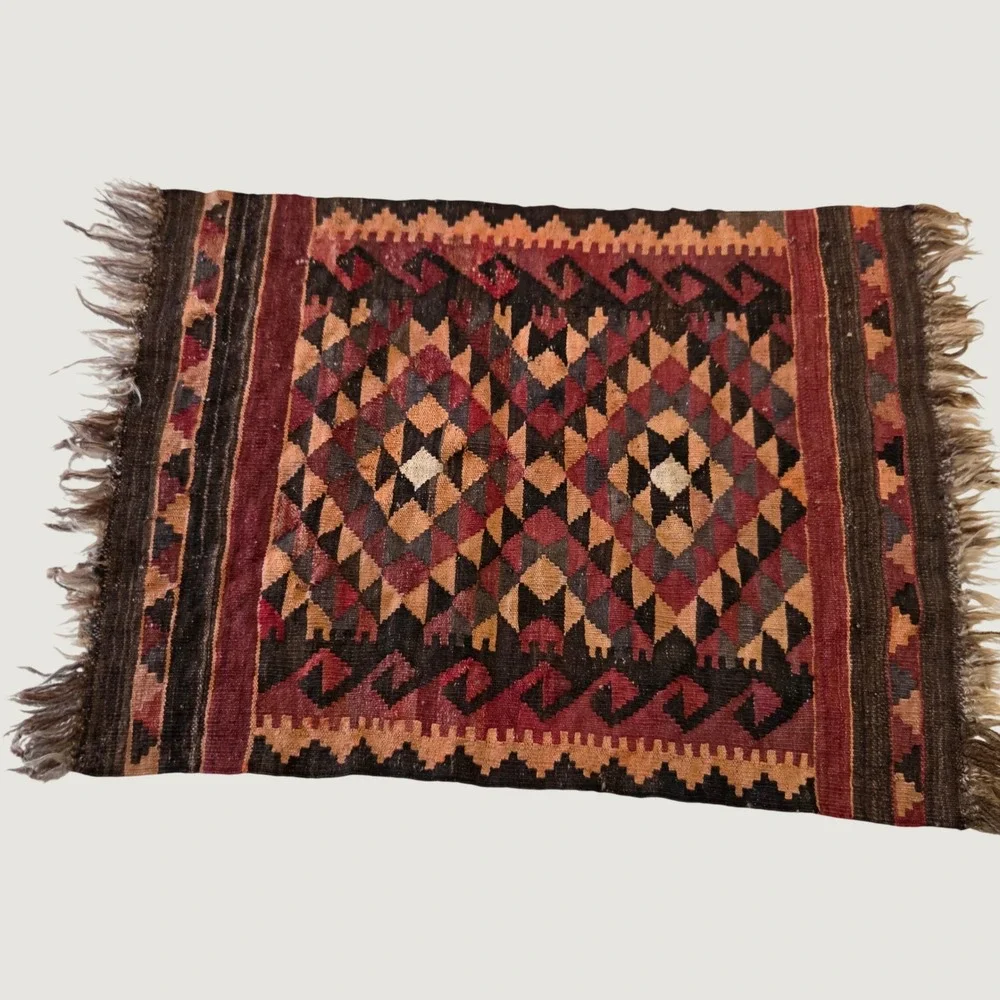 Handwoven Wool Kilim Rug Tribal Geometric Flatweave Terracotta Brown 28x36.5